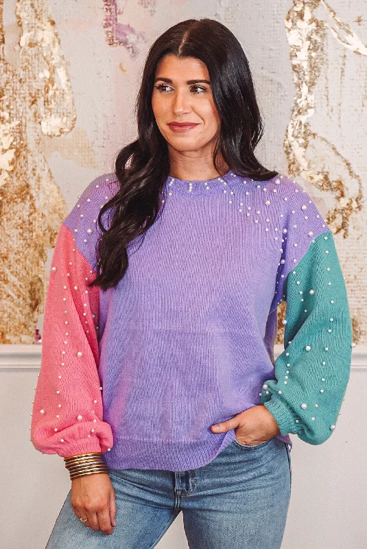 cotton tunic tops for comfort and style-Pearl Trends Lavender Colorblock Sweater