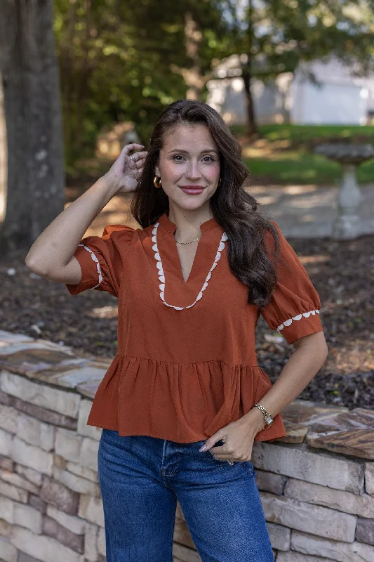 casual blouses for comfortable styling-Favorite Memory Caramel Peplum Top