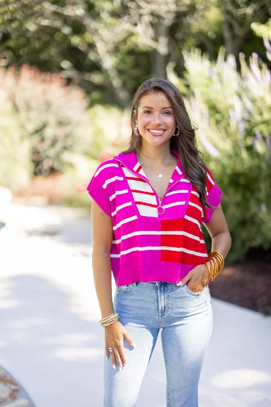 casual plaid tops for stylish comfort-The Colorblock Stripe Pink Top