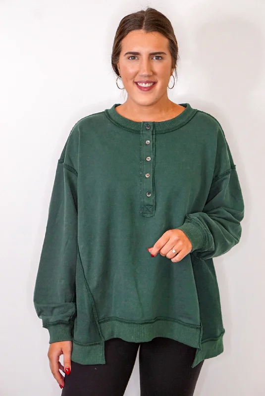 basic crop tops for casual style-Stellar Weekend Washed Hunter Green Pullover