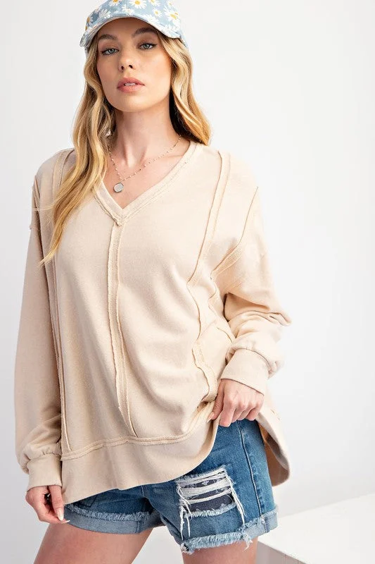 long-sleeve button-up tops for business casual-Casual Vibing Washed Oatmeal Pullover