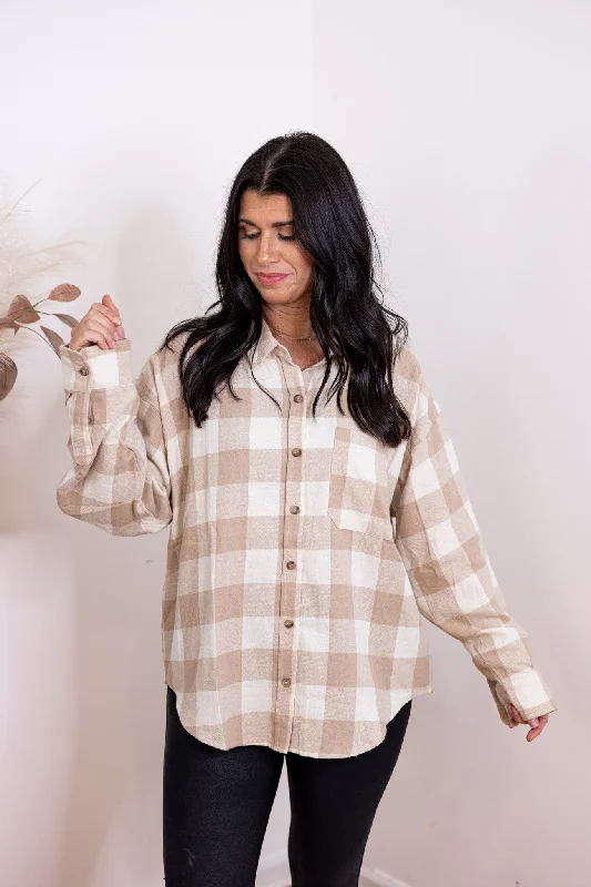 hoodie tops for casual days-Flannel Perfection Taupe Plaid Top