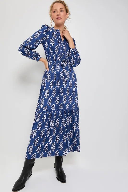 Simple sundress maxi dresses-Pressed Flowers Blue Silk Frances 4 Dress