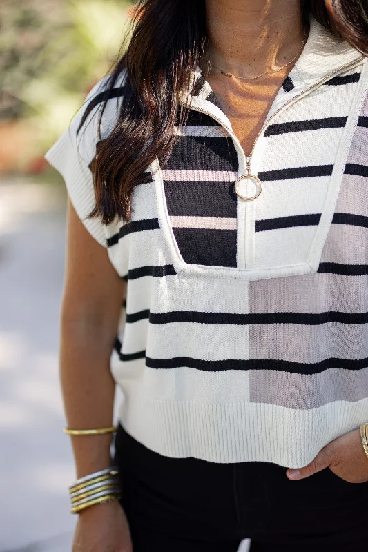 mock-neck tops for layering-The Colorblock Stripe Cream Top