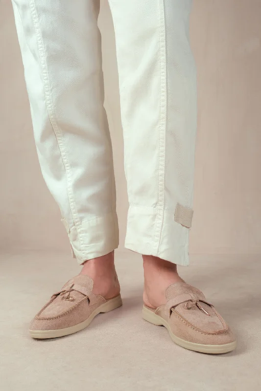 Flats with solid neutral weaves-TWILIGHT FLAT SLIP ON LOAFER WITH TASSEL DETAIL IN KHAKI SUEDE