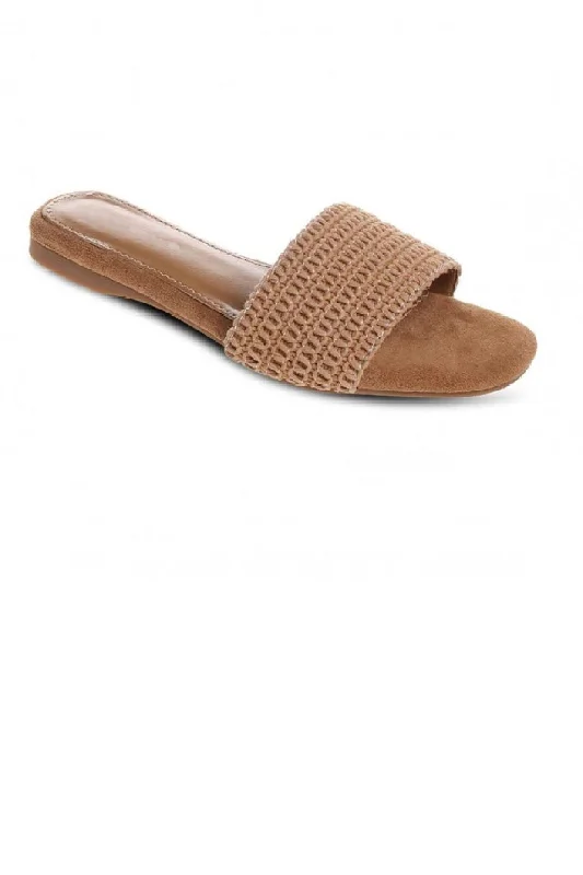 Flats with eco-conscious leather fibers-CAMEL FLAT SLIDER SANDAL WITH KNITTED FRONT STRAP