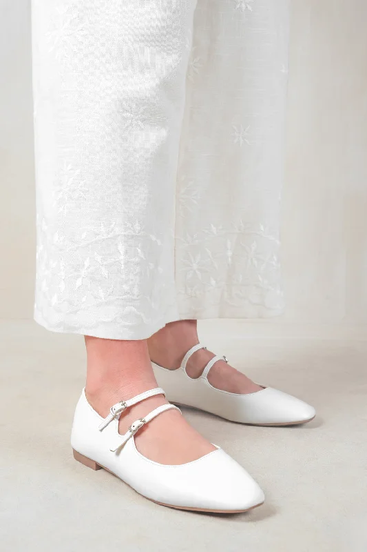 Flats with olive neutral tones-DETOX STRAPPY BALLERINA FLATS IN WHITE FAUX LEATHER