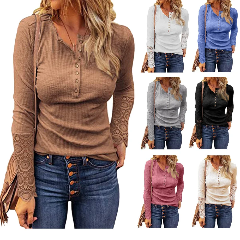 casual zip-up fleece tops for winter wear-Haute Edition Women's Henley T-Shirt Top with Lace Long Sleeve