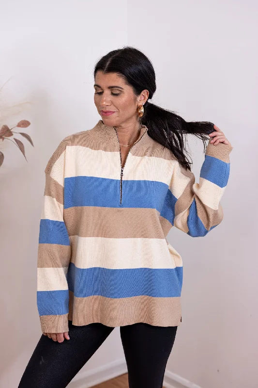 fleece tops for warmth in winter-Perfectly Striped Blue Knit Top