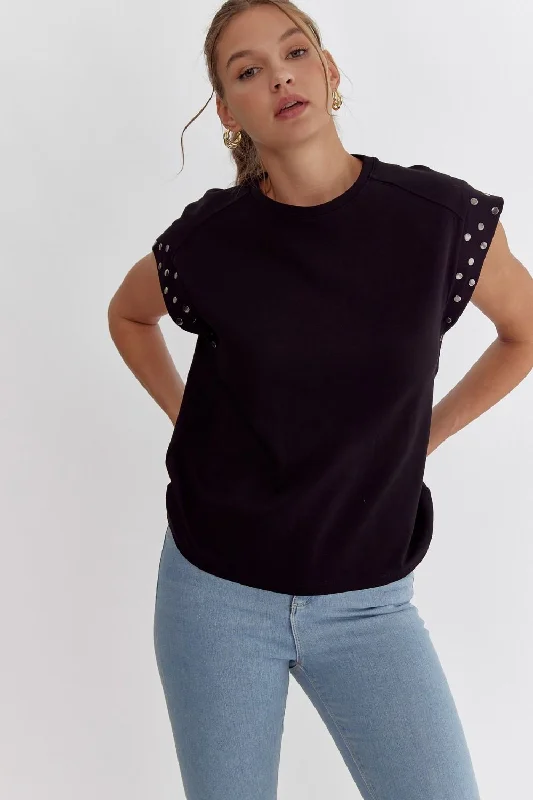 comfy t-shirt tops for laid-back wear-Simply Perfect Black Studded Top