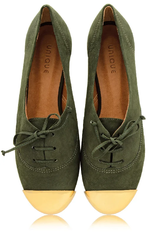 Flats with square toe rustic charm-ESTER Olive Lace Up Flats