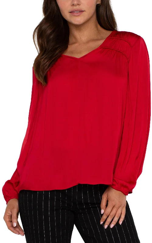 cotton crop tops for light, breezy fashion-*SALE* LIVERPOOL LONG-SLEEVE V-NECK RED WOVEN TOP