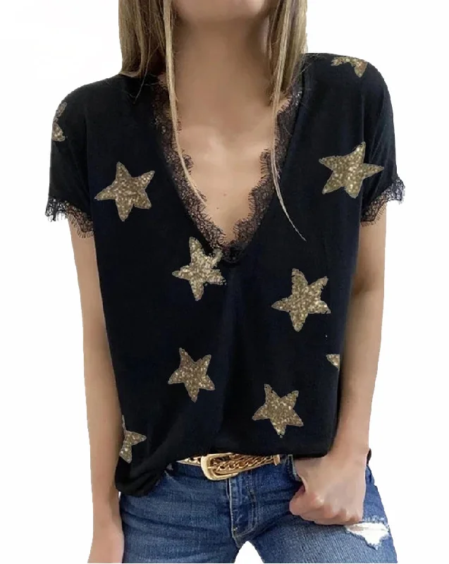 chic tunic tops for elegant wear-Haute Edition Women's Star Printed V-Neck Lace Trim Tee