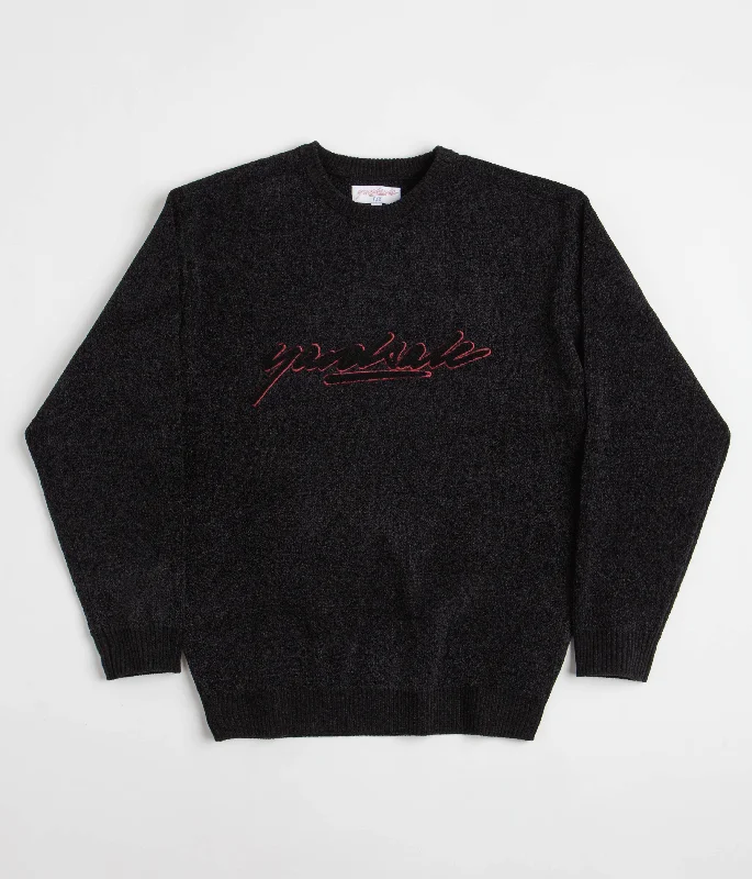 Hoodies & sweatshirts with light wool texture-Yardsale Script Chenille Knit Crewneck Sweatshirt - Black