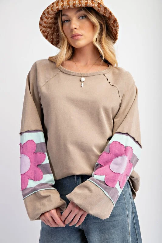 peasant tops for boho chic style-Flower Sleeve Washed Mushroom Top