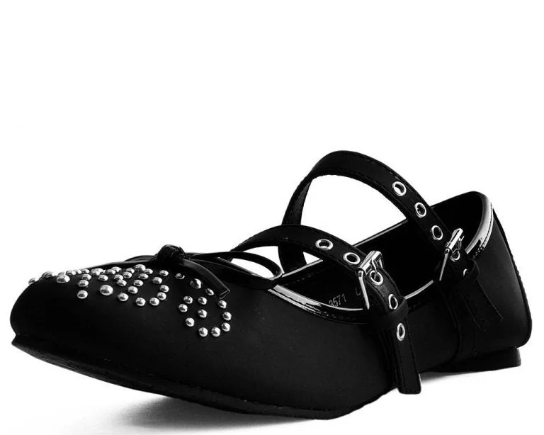 Flats with sustainable canvas fibers-TUK-A9435L-Black Double Strap Studded Ballet Flat