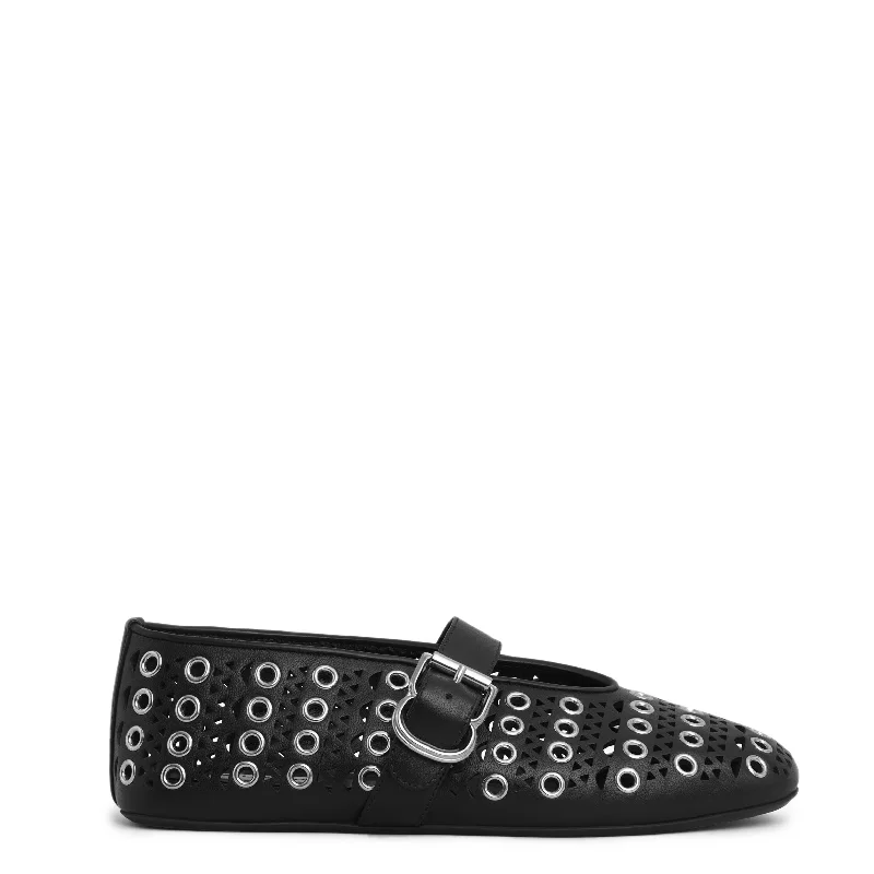 Flats with abstract bold appeal-Vienne Laser Cut Eyelet Ballet Flats, Black