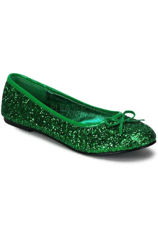 Flats with light rubber texture-STAR-16G Flat | Green   Glitter