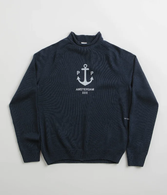 Hoodies & sweatshirts with tie-dye trendy charm-Pop Trading Company Captain Knitted Crewneck Sweatshirt - Navy