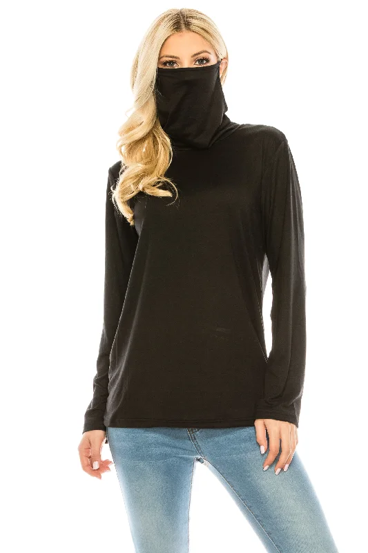 boho-style tops for laid-back fashion-Haute Edition Cowl Neck Tee with Built-In Mask