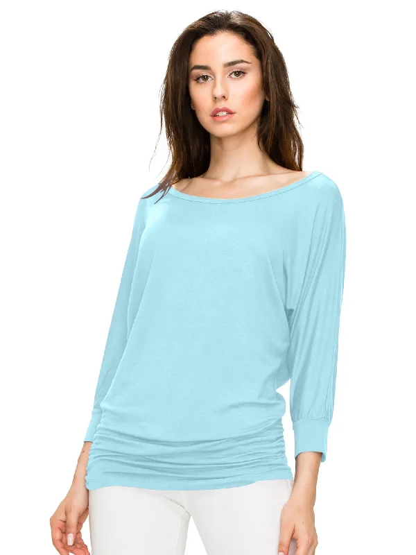 comfy hoodie tops for casual days-Women's Crew Neck 3/4 Sleeve Drape Dolman Top with Side Shirring