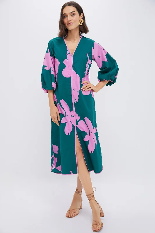 Elegant wrap dresses-Hunter Green & Pink Floral Arem Caftan