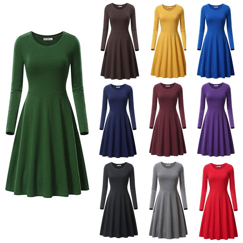 Formal satin maxi dresses-Haute Edition Women's Long Sleeve Solid Color Flared Skater Dress