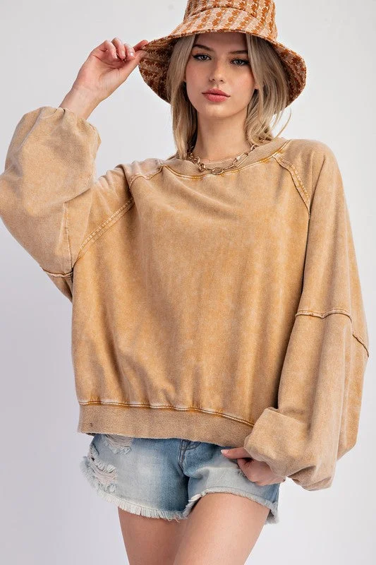 button-up shirt tops for business casual-Saturday Sass Washed Caramel Pullover