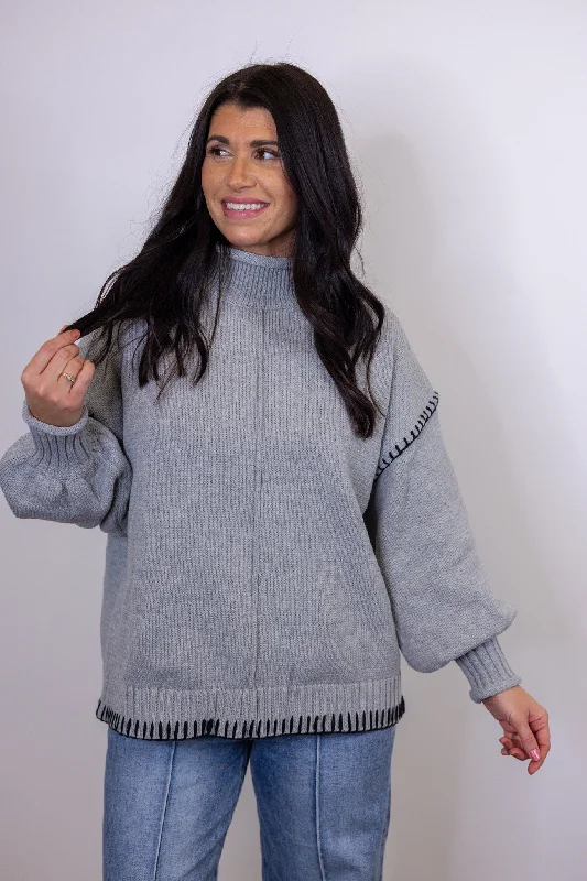 oversized shirts as trendy tops-In Stitches Grey Colorblock Sweater