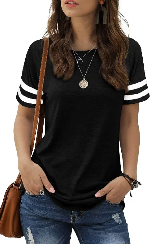 trendy zip-up sweater tops for layering-Haute Edition Women's Short Sleeve Varsity Stripe Casual Summer Top