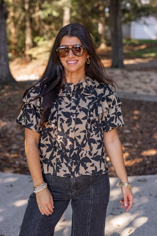 faux leather tops for edgy fashion-Refined Florals Taupe Blouse