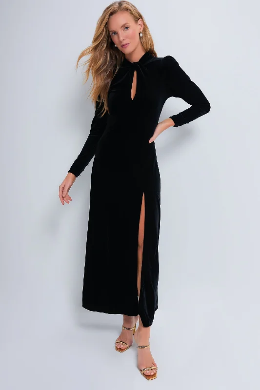 Sexy slit maxi dresses-Black Velvet Jersey Gathered Long Dress