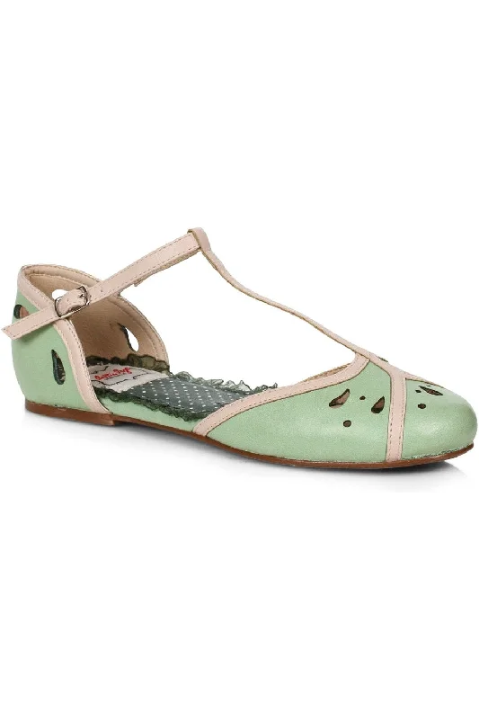 Flats with rubber cushioned charm-Bettie Page Katie Flat | Green Faux Leather