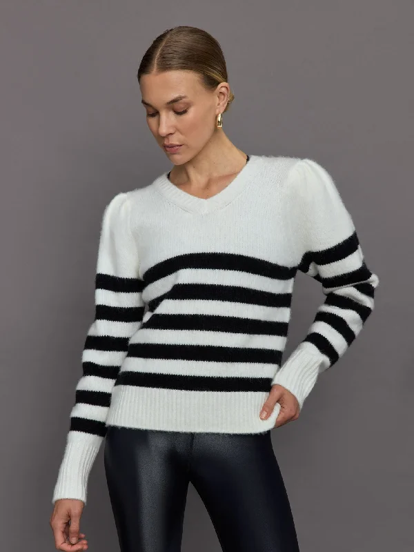 classic long-sleeve shirts for every occasion-Striped Puff Sleeve Sweater - Cream/ Black