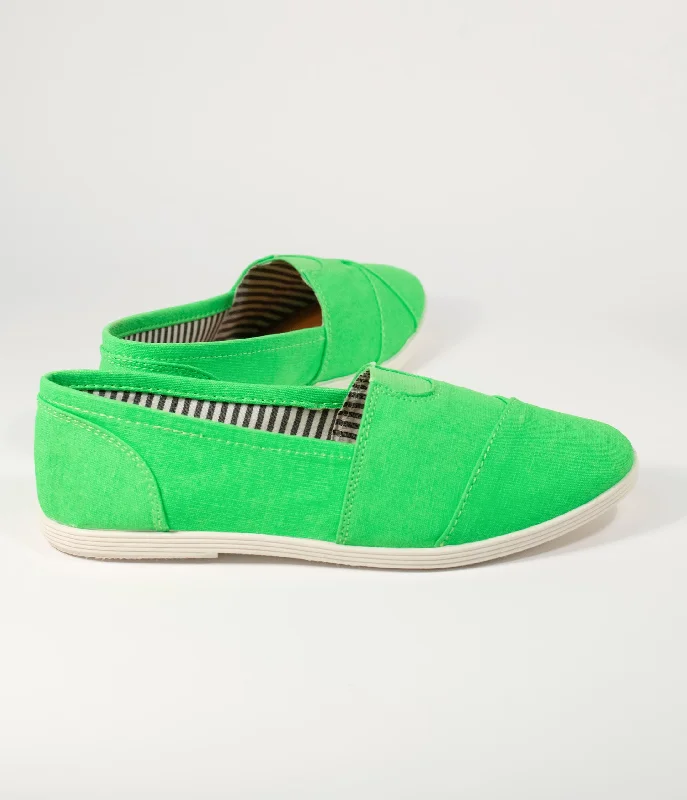 Flats with recycled suede softness-Bright Green Canvas Casual Loafer Flats