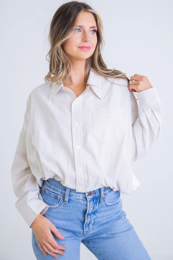 scoop-neck blouse tops for feminine silhouettes-Classy Seersucker Tan Striped Top