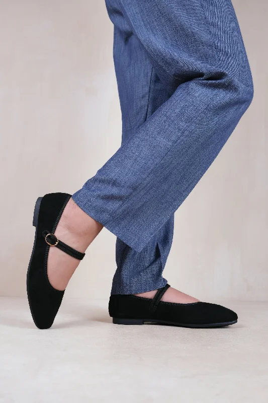 Flats with plush synthetic elegance-BERLIN BALLET TOE PUMP WITH STRAP IN BLACK