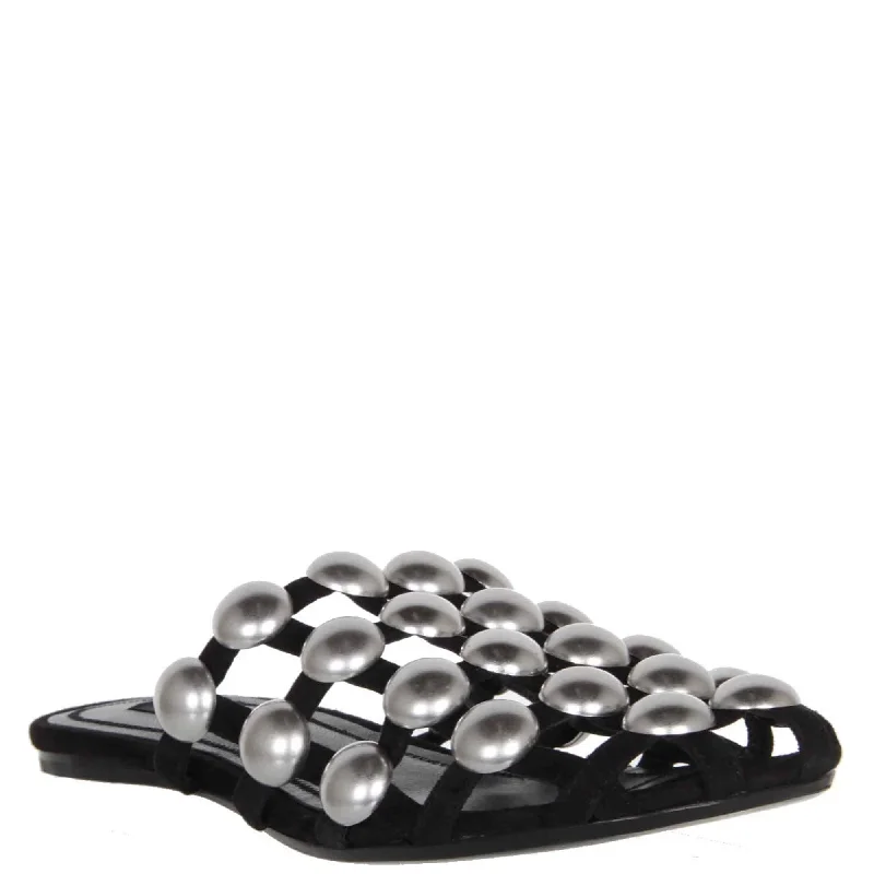 Flats with rubber flexible softness-Amelia Studded Flats Suede, Black/Rhodium