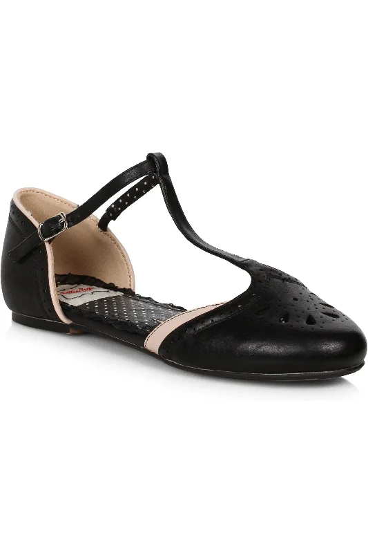 Flats with leather slip-resistant texture-Bettie Page Nancy Flat | Black Faux Leather