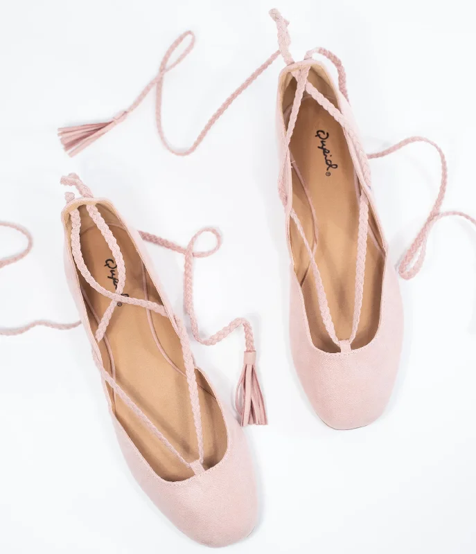 Flats with plush leather comfort-Blush Pink Suede Lace Up Flats