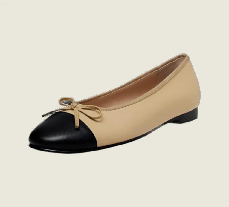 Flats with bold onyx richness-Lambskin Two Tone Bow Ballet Flats