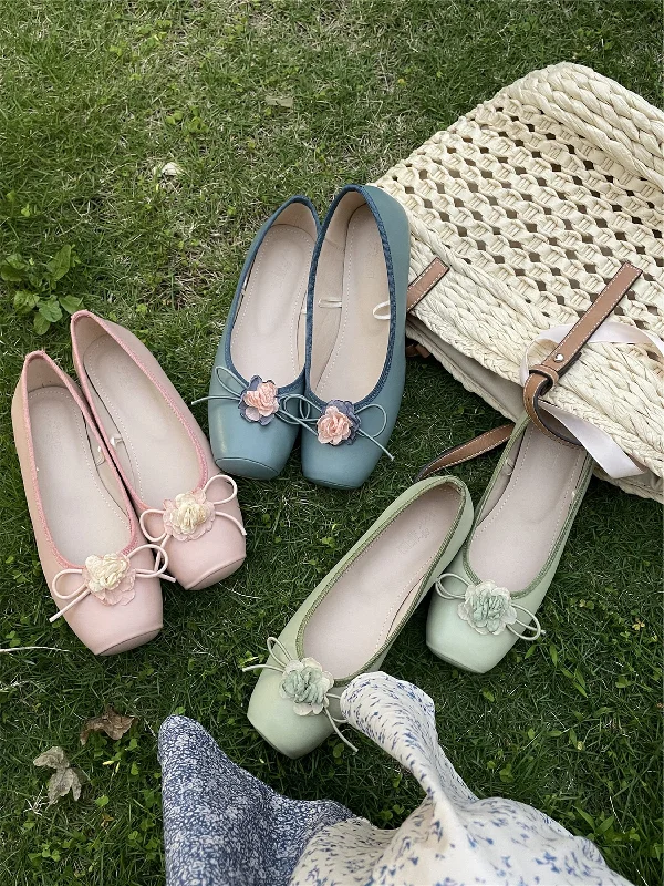 Flats with eco-conscious canvas weave-Women Retro Mary Jane Shoes, Vintage Flats Flower Bow Decor Shoes, Women Plain Toe Flats, Square Toe Green Pink Blue Heels