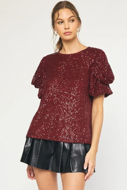 stylish silk tops for evening fashion-Christmas Diva Wine Sequin Top