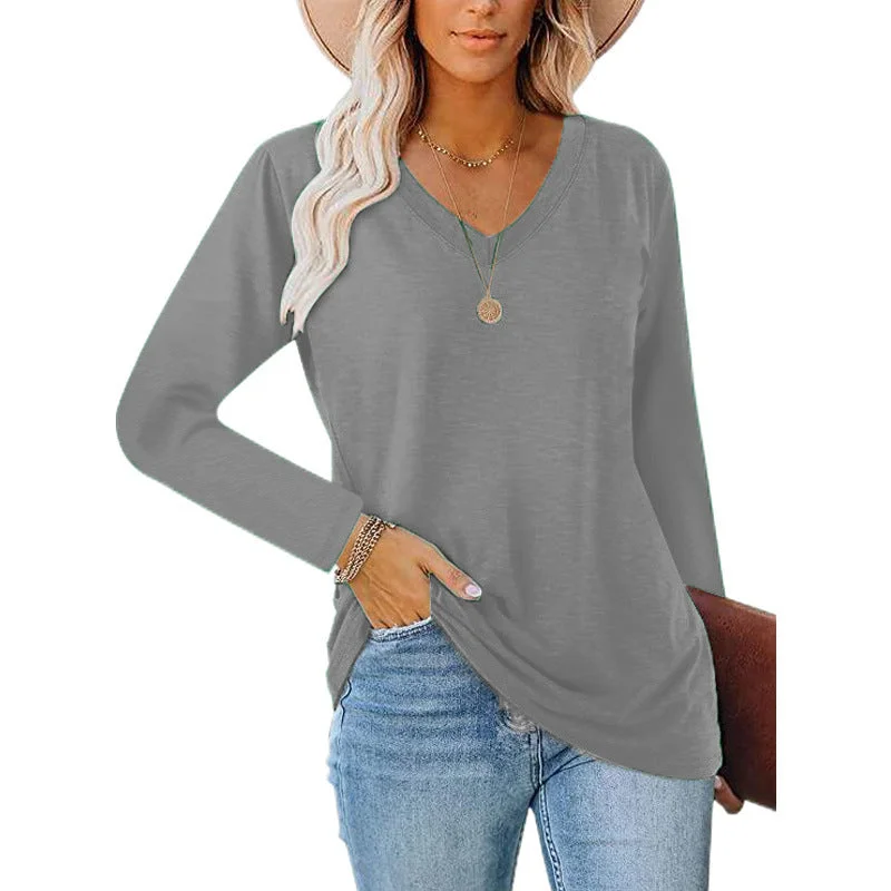 trendy button-up shirt tops for layering-Haute Edition Casual Tunic Length V-Neck Long Sleeve Top T-Shirt