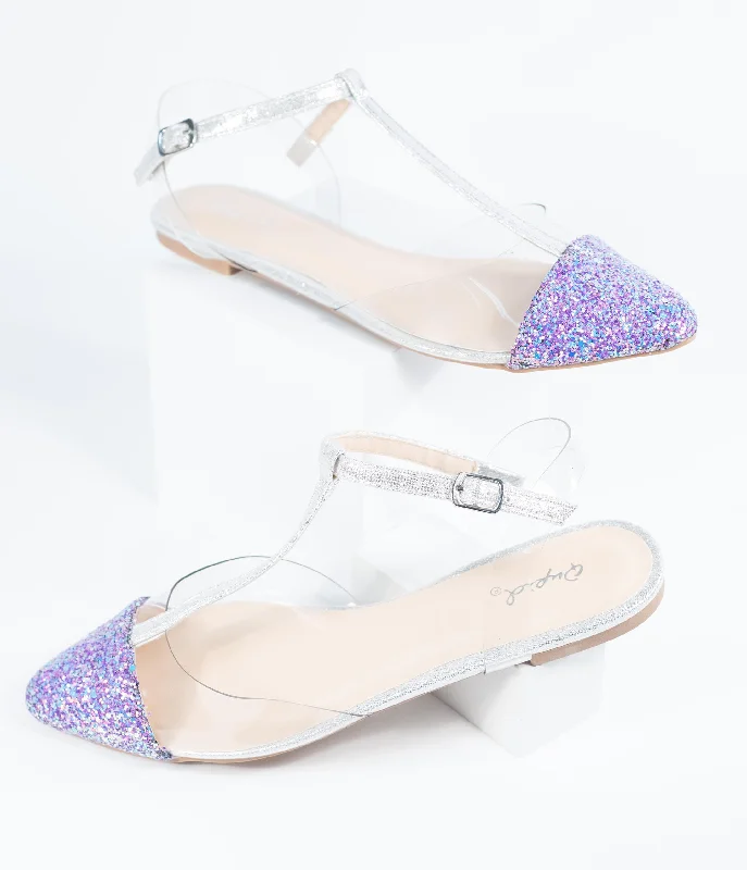 Flats with light suede texture-Lilac Purple Glitter & Clear Vinyl T-Strap Flats