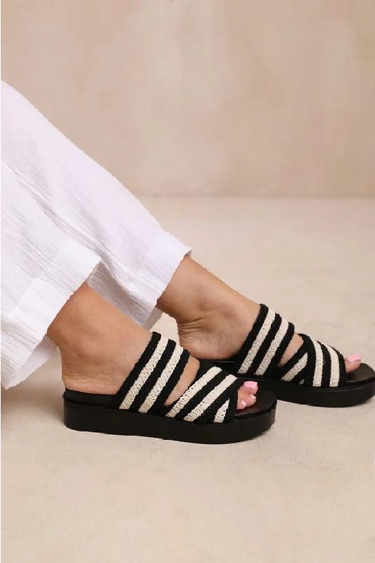 Flats with abstract bold style-BLACK BEIGE WOVEN CROSS STRAP FLATFORM SLIDER SANDAL