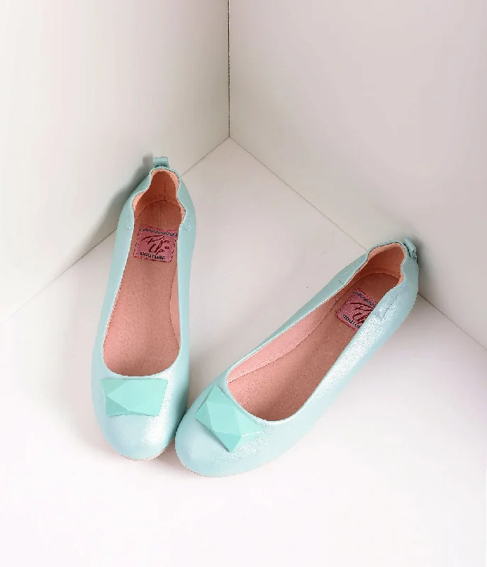 Flats with organic rubber softness-Vintage Style Aqua Blue Leatherette & Geometric Gem Ballet Flats