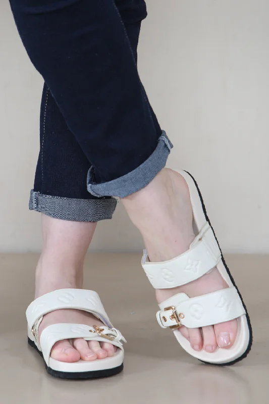 Flats with smooth velvet finish-CREAM DOUBLE STRAP DESIGNER FOOTBED SLIDERS