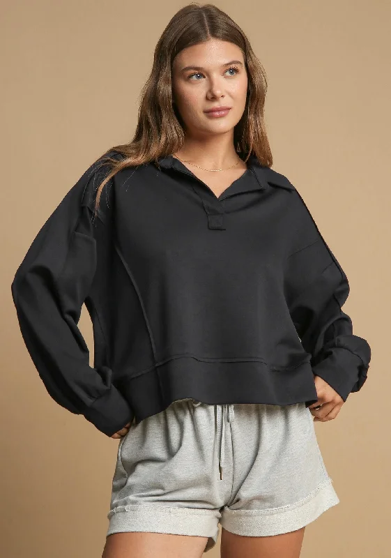 button-up tops for smart-casual looks-Effortless Sass Black Scuba Pullover