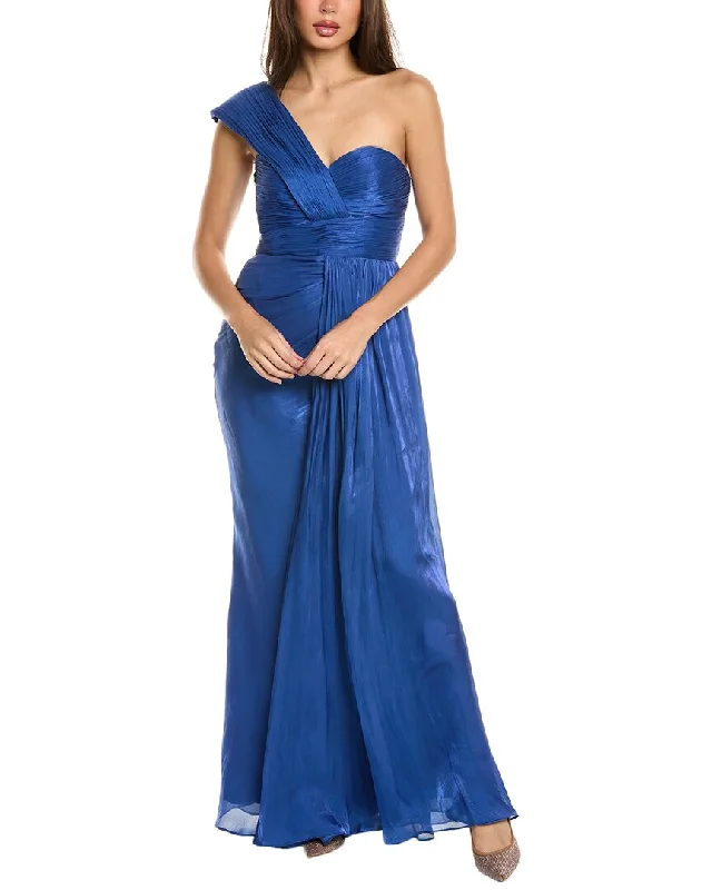 High neck mini dresses-Badgley Mischka Draped One-Shoulder Gown